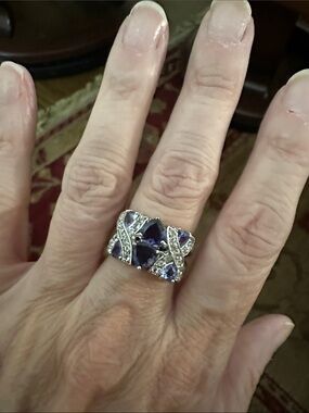 Silver Band Ring with Deep Blue-Purple Gemstones and Pavé Details